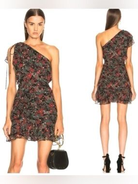 Veronica Beard Silk Dress Ballard Ruched Dark Floral One Shoulder Size Medium 10